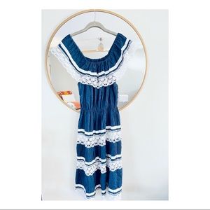 Vintage navy and lace off the shoulder midi dress